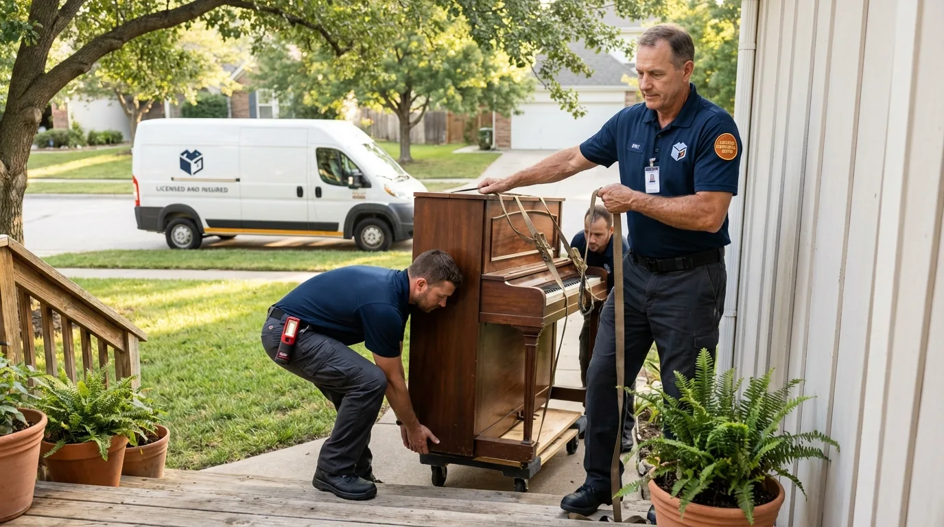 Licensed piano movers securing grand piano in Pioneer, OH
