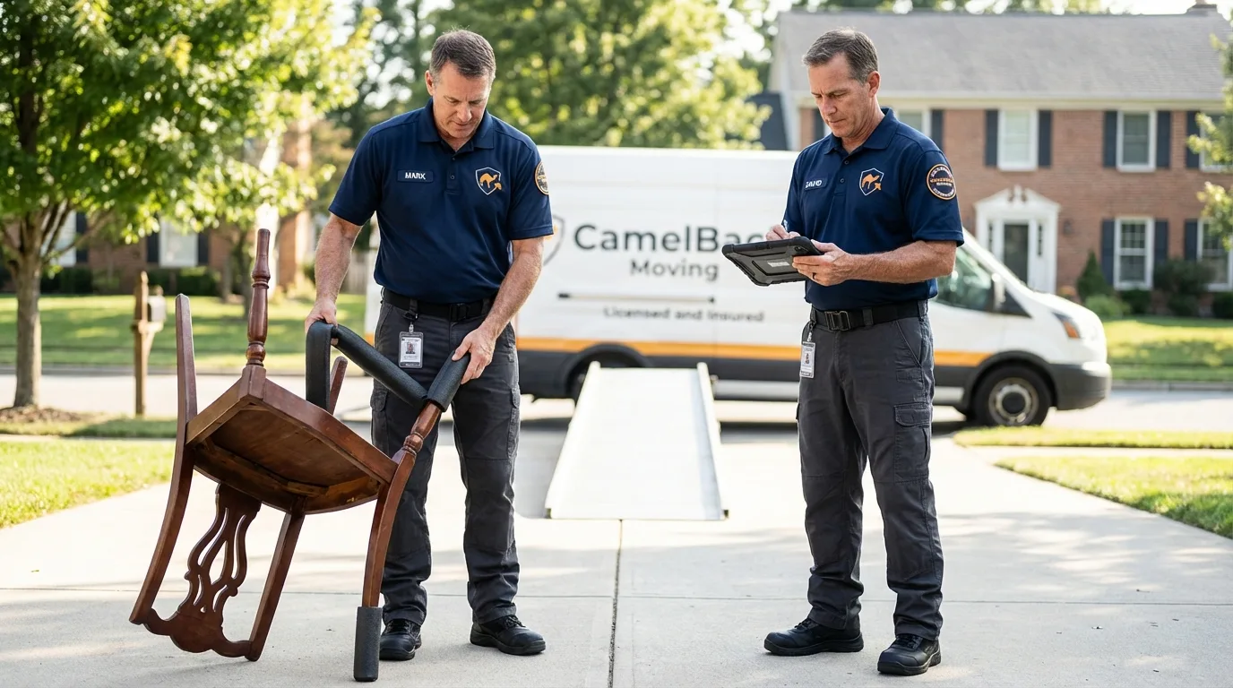 Movers inspecting furniture for damage prevention before loading in Pioneer, OH